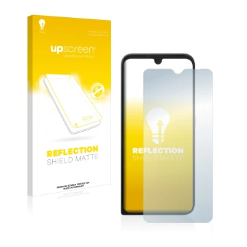 Parte frontal de un envase de producto con el logotipo de la marca upscreen. Al lado se muestra el dispositivo Motorola Defy 2