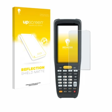 Parte frontal de un envase de producto con el logotipo de la marca upscreen. Al lado se muestra el dispositivo Zebra MC2200 co