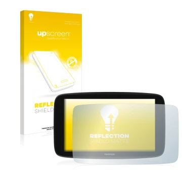Parte frontal de un envase de producto con el logotipo de la marca upscreen. Al lado se muestra el dispositivo TomTom Go Exper