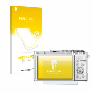 Parte frontal de un envase de producto con el logotipo de la marca upscreen. Al lado se muestra el dispositivo Olympus PEN E-P