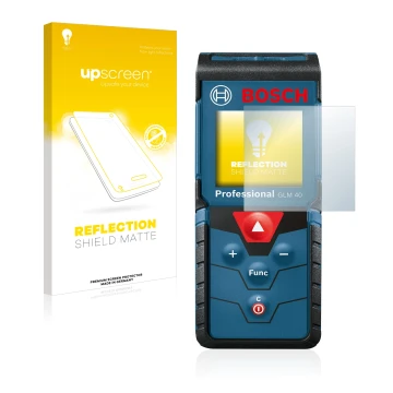 Parte frontal de un envase de producto con el logotipo de la marca upscreen. Al lado se muestra el dispositivo Bosch GLM 40 Pr