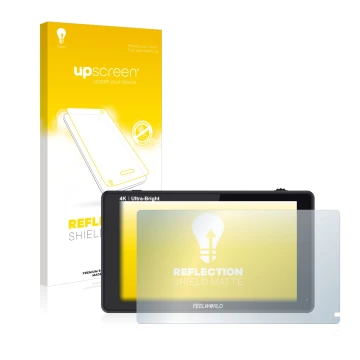 Parte frontal de un envase de producto con el logotipo de la marca upscreen. Al lado se muestra el dispositivo Feelworld LUT6 