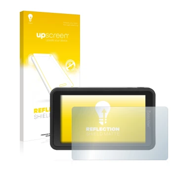 Parte frontal de un envase de producto con el logotipo de la marca upscreen. Al lado se muestra el dispositivo Desview R5 5.5