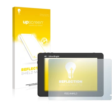 Parte frontal de un envase de producto con el logotipo de la marca upscreen. Al lado se muestra el dispositivo Feelworld LUT7 