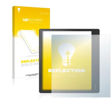 Parte frontal de un envase de producto con el logotipo de la marca upscreen. Al lado se muestra el dispositivo Kobo Elipsa con