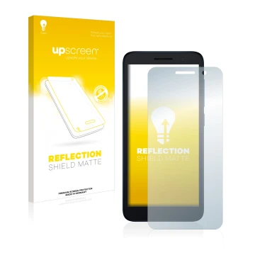 Parte frontal de un envase de producto con el logotipo de la marca upscreen. Al lado se muestra el dispositivo Alcatel 1 (2021