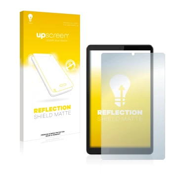 Parte frontal de un envase de producto con el logotipo de la marca upscreen. Al lado se muestra el dispositivo Lenovo Tab M8 (