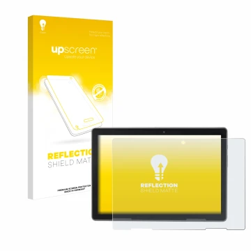 Parte frontal de un envase de producto con el logotipo de la marca upscreen. Al lado se muestra el dispositivo MEDION Lifetab 