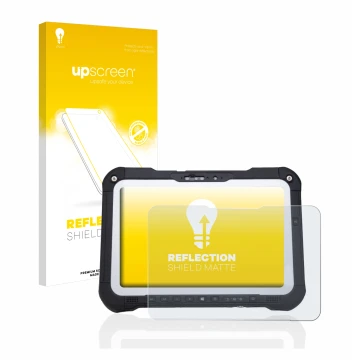 Parte frontal de un envase de producto con el logotipo de la marca upscreen. Al lado se muestra el dispositivo Panasonic Tough