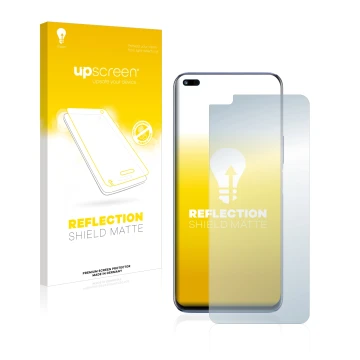 Parte frontal de un envase de producto con el logotipo de la marca upscreen. Al lado se muestra el dispositivo Huawei Nova 8i 