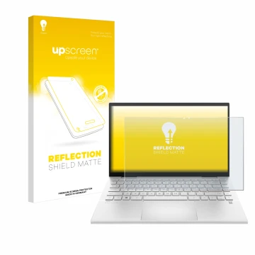 Parte frontal de un envase de producto con el logotipo de la marca upscreen. Al lado se muestra el dispositivo HP Pavilion x36