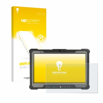 Parte frontal de un envase de producto con el logotipo de la marca upscreen. Al lado se muestra el dispositivo Getac A140 con 