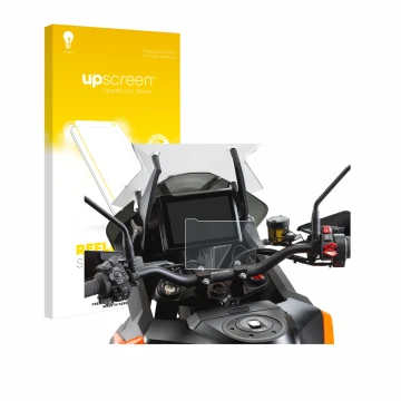 Parte frontal de un envase de producto con el logotipo de la marca upscreen. Al lado se muestra el dispositivo KTM 1290 Super 