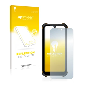 Parte frontal de un envase de producto con el logotipo de la marca upscreen. Al lado se muestra el dispositivo Oukitel WP15 5G