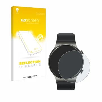 Parte frontal de un envase de producto con el logotipo de la marca upscreen. Al lado se muestra el dispositivo Huawei Watch GT