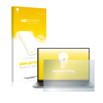 Parte frontal de un envase de producto con el logotipo de la marca upscreen. Al lado se muestra el dispositivo Dell XPS 15 951