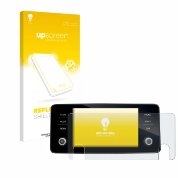 Parte frontal de un envase de producto con el logotipo de la marca upscreen. Al lado se muestra el dispositivo Skoda Bolero 20