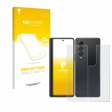 Parte frontal de un envase de producto con el logotipo de la marca upscreen. Al lado se muestra el dispositivo Samsung Galaxy 