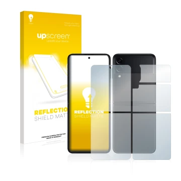 Parte frontal de un envase de producto con el logotipo de la marca upscreen. Al lado se muestra el dispositivo Samsung Galaxy 