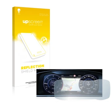 Parte frontal de un envase de producto con el logotipo de la marca upscreen. Al lado se muestra el dispositivo Volkswagen Golf