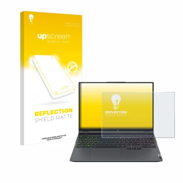 Parte frontal de un envase de producto con el logotipo de la marca upscreen. Al lado se muestra el dispositivo Lenovo Legion 5