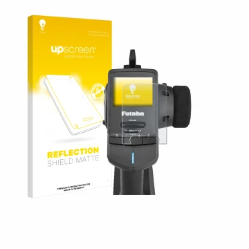 Parte frontal de un envase de producto con el logotipo de la marca upscreen. Al lado se muestra el dispositivo Futaba T3PV con