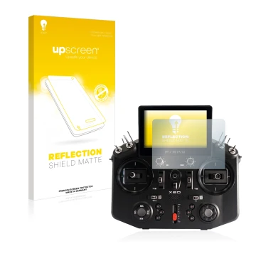 Parte frontal de un envase de producto con el logotipo de la marca upscreen. Al lado se muestra el dispositivo FrSky Tandem X2
