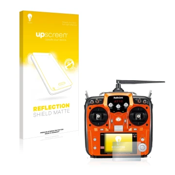 Parte frontal de un envase de producto con el logotipo de la marca upscreen. Al lado se muestra el dispositivo RadioLink AT10I