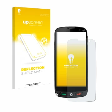 Parte frontal de un envase de producto con el logotipo de la marca upscreen. Al lado se muestra el dispositivo Brondi Amico XS