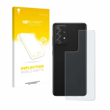 Parte frontal de un envase de producto con el logotipo de la marca upscreen. Al lado se muestra el dispositivo Samsung Galaxy 