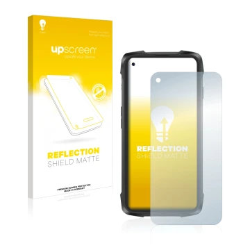 Parte frontal de un envase de producto con el logotipo de la marca upscreen. Al lado se muestra el dispositivo Cubot King Kong