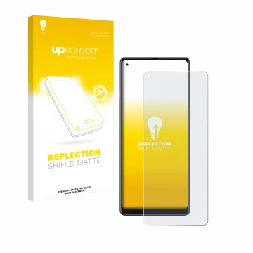 Parte frontal de un envase de producto con el logotipo de la marca upscreen. Al lado se muestra el dispositivo Cubot Max 3 con