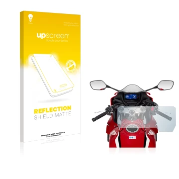 Parte frontal de un envase de producto con el logotipo de la marca upscreen. Al lado se muestra el dispositivo Honda CBR650R 2