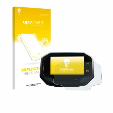 Parte frontal de un envase de producto con el logotipo de la marca upscreen. Al lado se muestra el dispositivo Kawasaki Z900 2