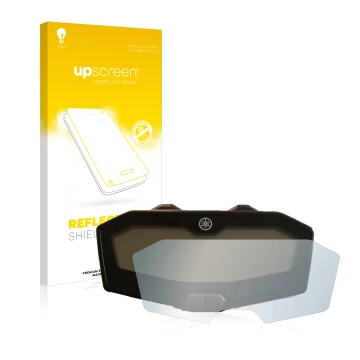 Parte frontal de un envase de producto con el logotipo de la marca upscreen. Al lado se muestra el dispositivo Yamaha Tracer 7