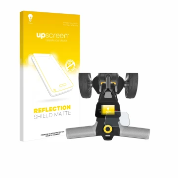 Parte frontal de un envase de producto con el logotipo de la marca upscreen. Al lado se muestra el dispositivo PowaKaddy CT6 G