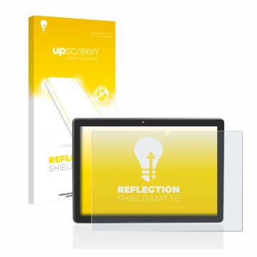 Parte frontal de un envase de producto con el logotipo de la marca upscreen. Al lado se muestra el dispositivo Majestic Tab-91