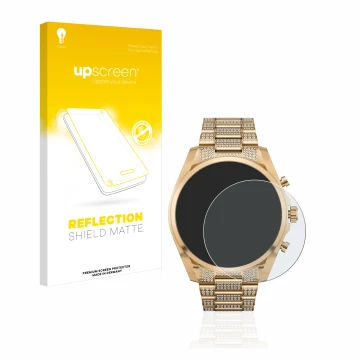 Parte frontal de un envase de producto con el logotipo de la marca upscreen. Al lado se muestra el dispositivo Michael Kors Ac