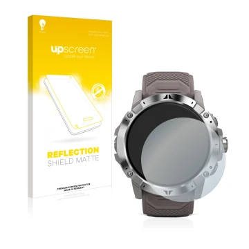 Parte frontal de un envase de producto con el logotipo de la marca upscreen. Al lado se muestra el dispositivo Coros Vertix 2 