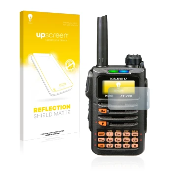 Parte frontal de un envase de producto con el logotipo de la marca upscreen. Al lado se muestra el dispositivo Yaesu FT-70DR c