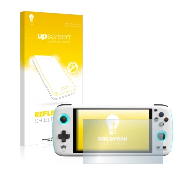Parte frontal de un envase de producto con el logotipo de la marca upscreen. Al lado se muestra el dispositivo AYN Odin con su
