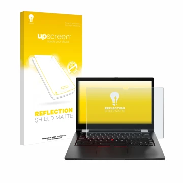 Parte frontal de un envase de producto con el logotipo de la marca upscreen. Al lado se muestra el dispositivo Lenovo ThinkPad