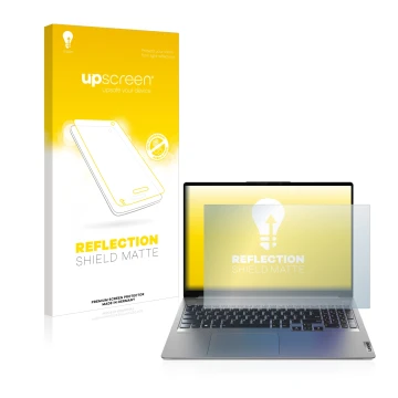 Parte frontal de un envase de producto con el logotipo de la marca upscreen. Al lado se muestra el dispositivo Lenovo IdeaPad 