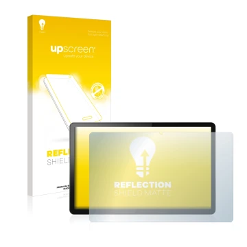 Parte frontal de un envase de producto con el logotipo de la marca upscreen. Al lado se muestra el dispositivo Lenovo Tab P11 