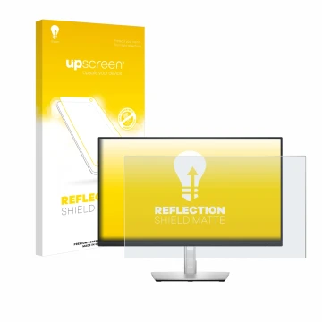 Parte frontal de un envase de producto con el logotipo de la marca upscreen. Al lado se muestra el dispositivo Dell P2422H con