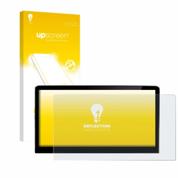 Parte frontal de un envase de producto con el logotipo de la marca upscreen. Al lado se muestra el dispositivo Skoda Enyaq iV 