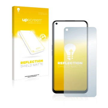 Parte frontal de un envase de producto con el logotipo de la marca upscreen. Al lado se muestra el dispositivo realme 8i con s