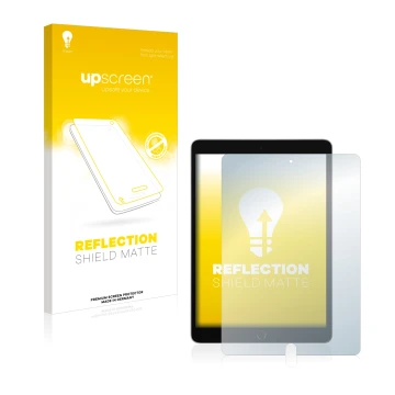 Parte frontal de un envase de producto con el logotipo de la marca upscreen. Al lado se muestra el dispositivo Apple iPad 10.2