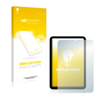 Parte frontal de un envase de producto con el logotipo de la marca upscreen. Al lado se muestra el dispositivo Apple iPad Mini