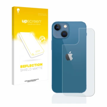 Parte frontal de un envase de producto con el logotipo de la marca upscreen. Al lado se muestra el dispositivo Apple iPhone 13